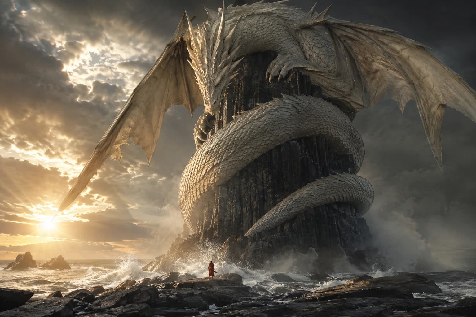 Ivory dragon above a stormy ocean, an example creative direction