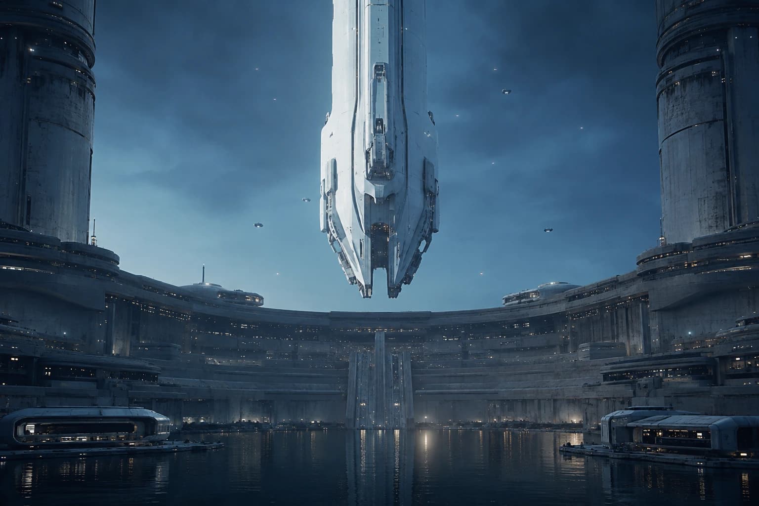 Spacecraft above a futuristic ocean city, an example cinematic concept