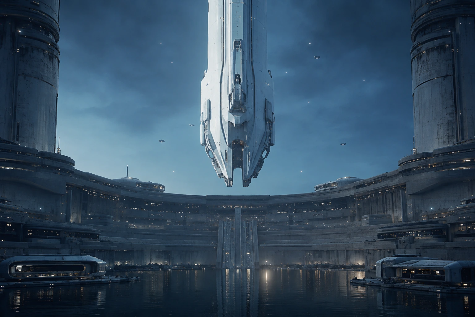 Monumental spacecraft above a futuristic ocean city
