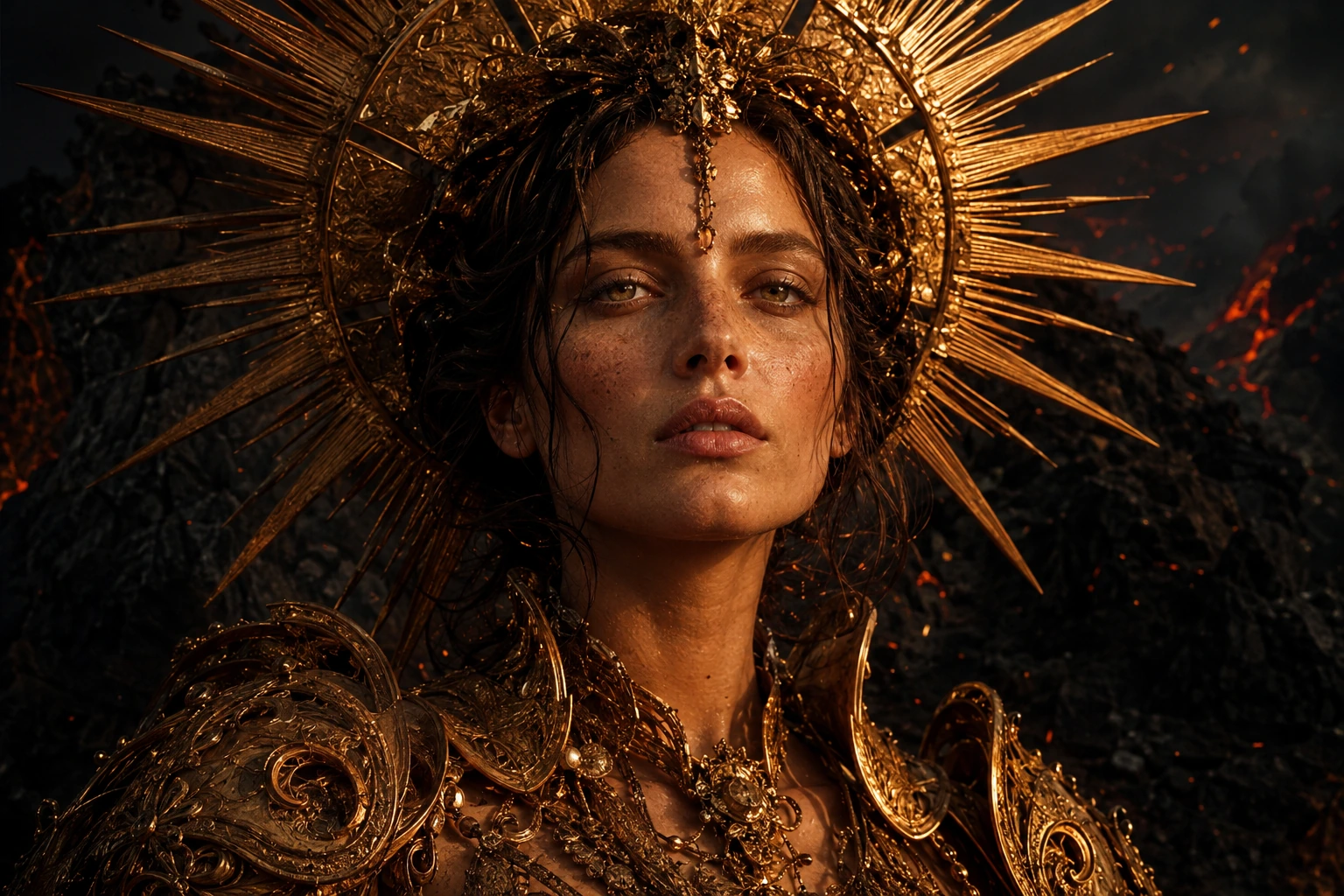 Photoreal sun oracle wearing an intricate golden halo