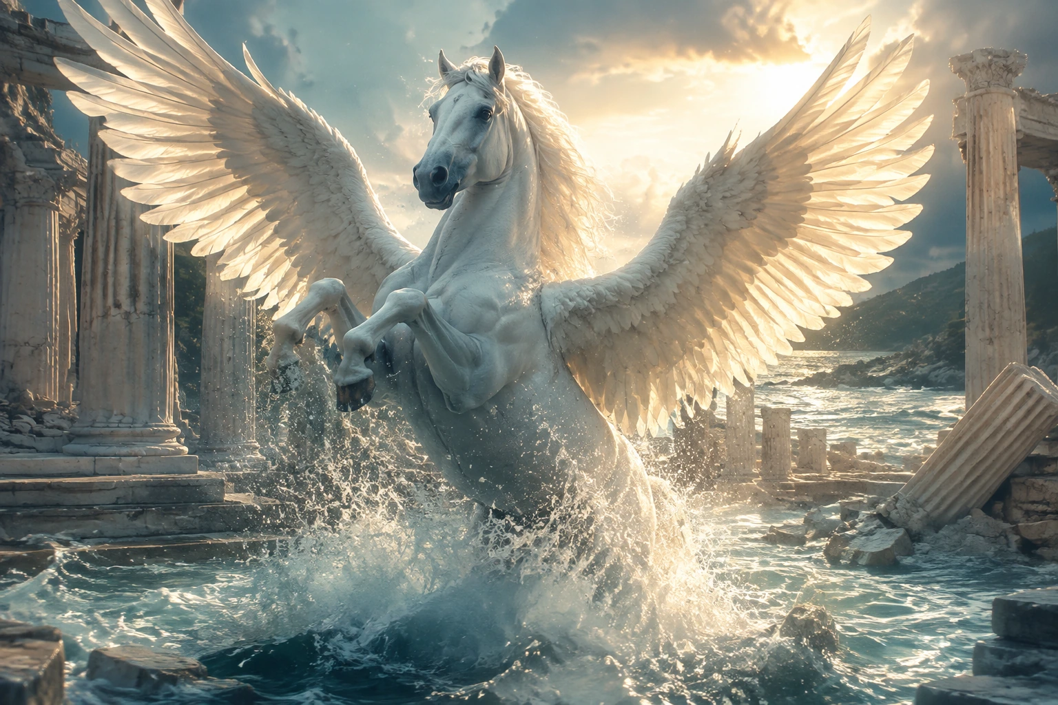 Photoreal Pegasus rising from a flooded marble temple